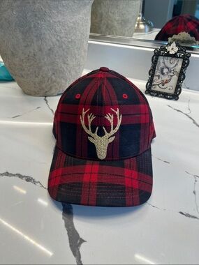 Red Plaid Baseball Cap with Gold Deer Emblem